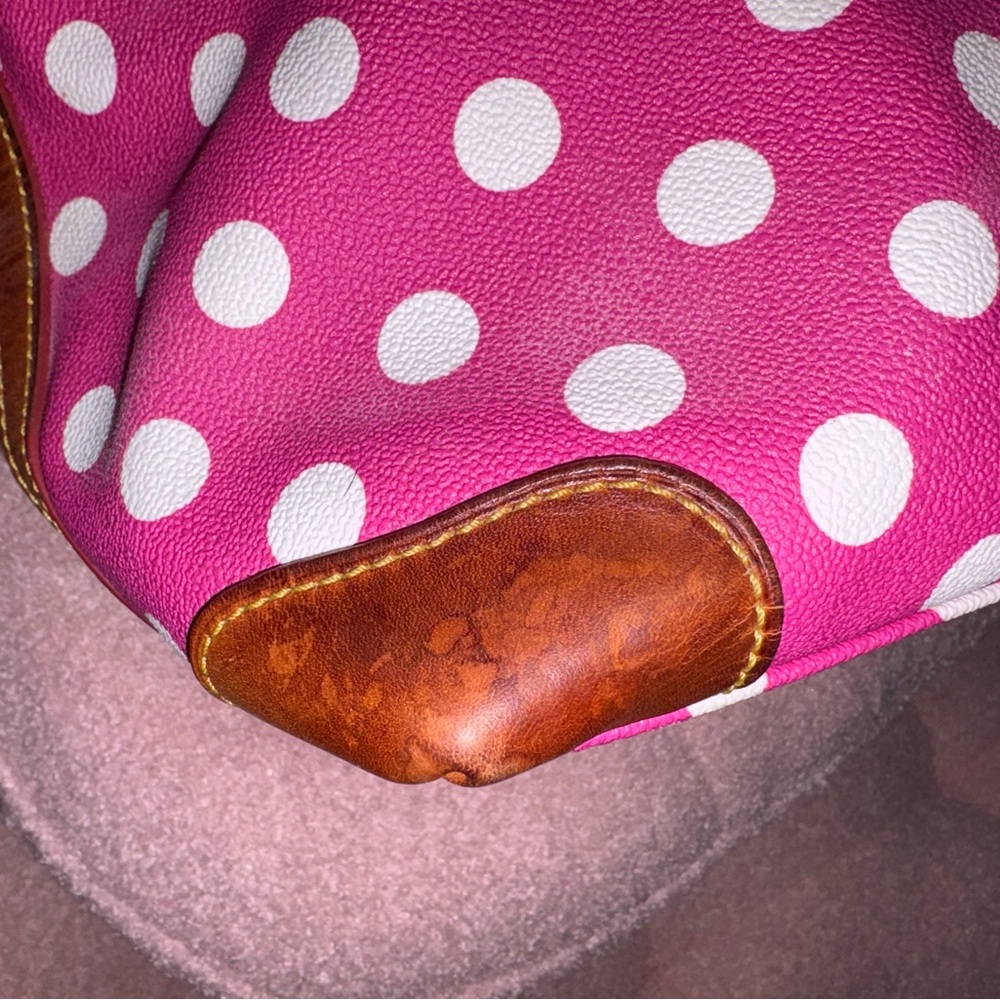 Dooney & Bourke Hot Pink and White Polka Dot Satchel with Brown Trim - Picture 8 of 11